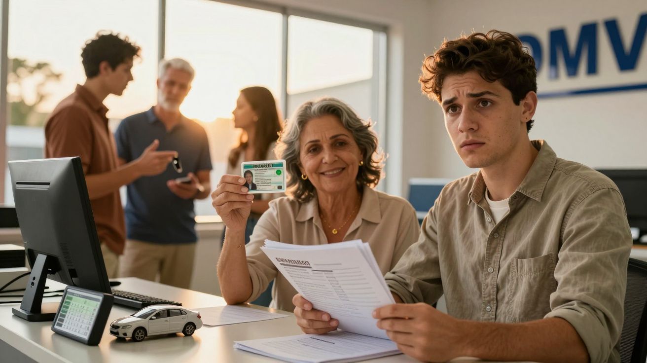 Mulher segura carteira de motorista enquanto jovem ao lado segura documentos no balcão do DMV.
