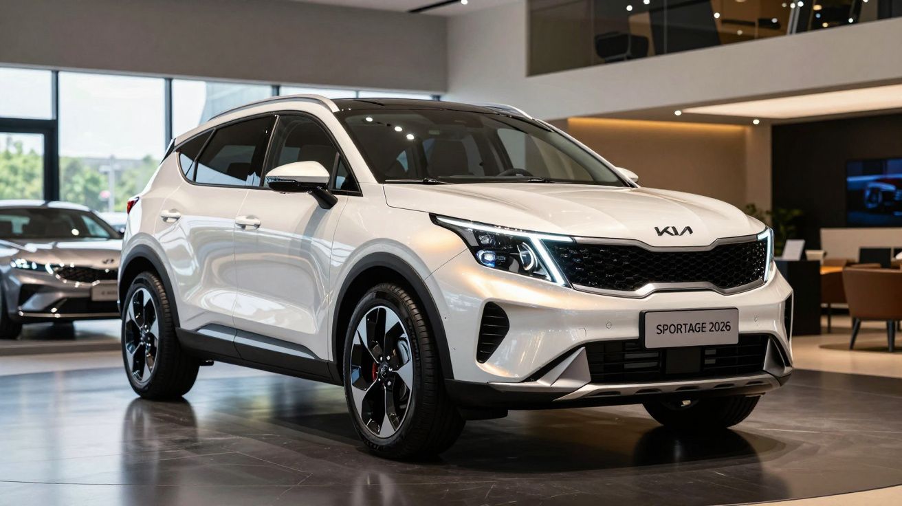 SUV branco Kia Sportage 2026 em exibição em showroom moderno e iluminado.