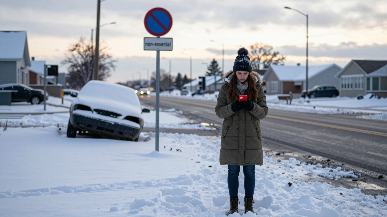 Mulher com casaco e gorro em rua coberta de neve, usando celular, carro estacionado e placas ao fundo.