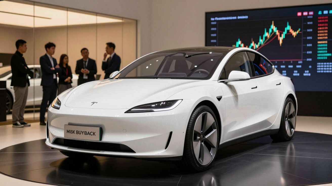 Carro elétrico Tesla branco exibido em estande com pessoas e gráfico de ações ao fundo.