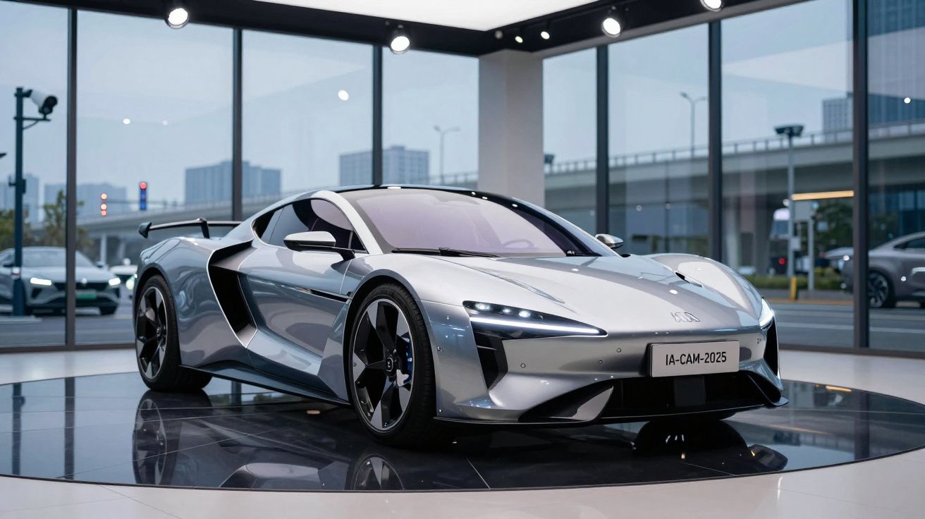 Carro esportivo elétrico cinza exposto em salão moderno com grandes janelas de vidro.