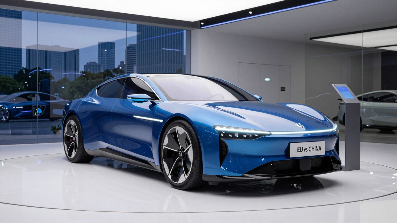 Carro esportivo elétrico azul em exposição em ambiente moderno com vidro e prédios ao fundo.