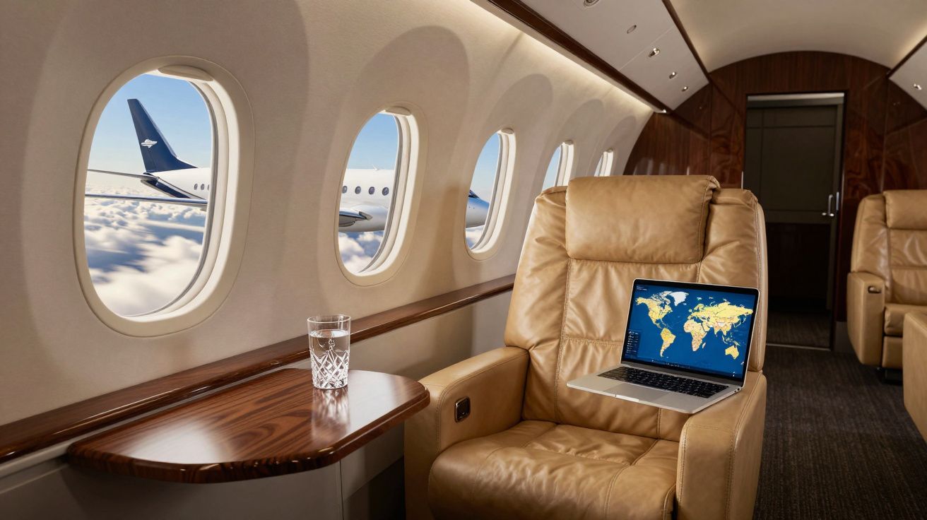 Interior luxuoso de jato particular com poltrona de couro marrom, laptop aberto e copo de água na mesa.