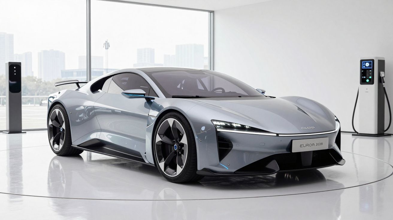 Carro esportivo elétrico cinza em exposição dentro de showroom moderno com estação de recarga elétrica ao fundo.