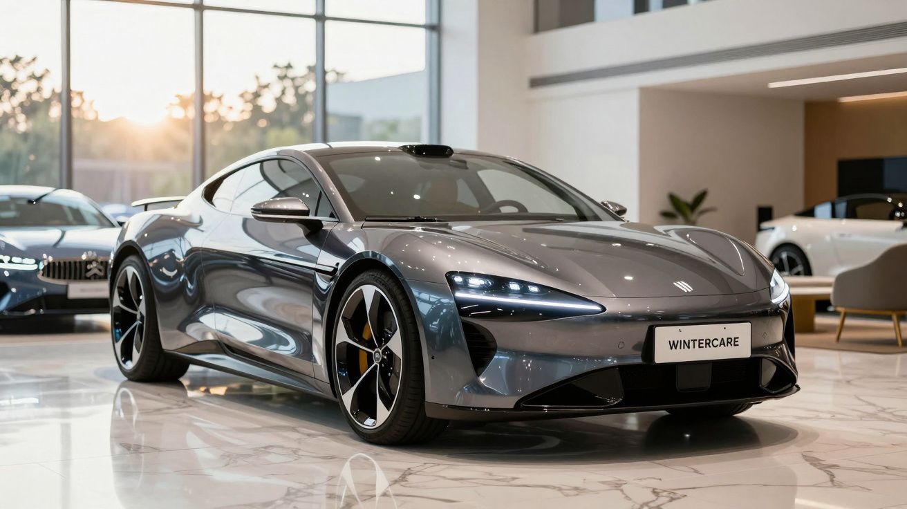 Carro esportivo cinza metálico em exposição em showroom com piso de mármore e iluminação natural ao fundo.