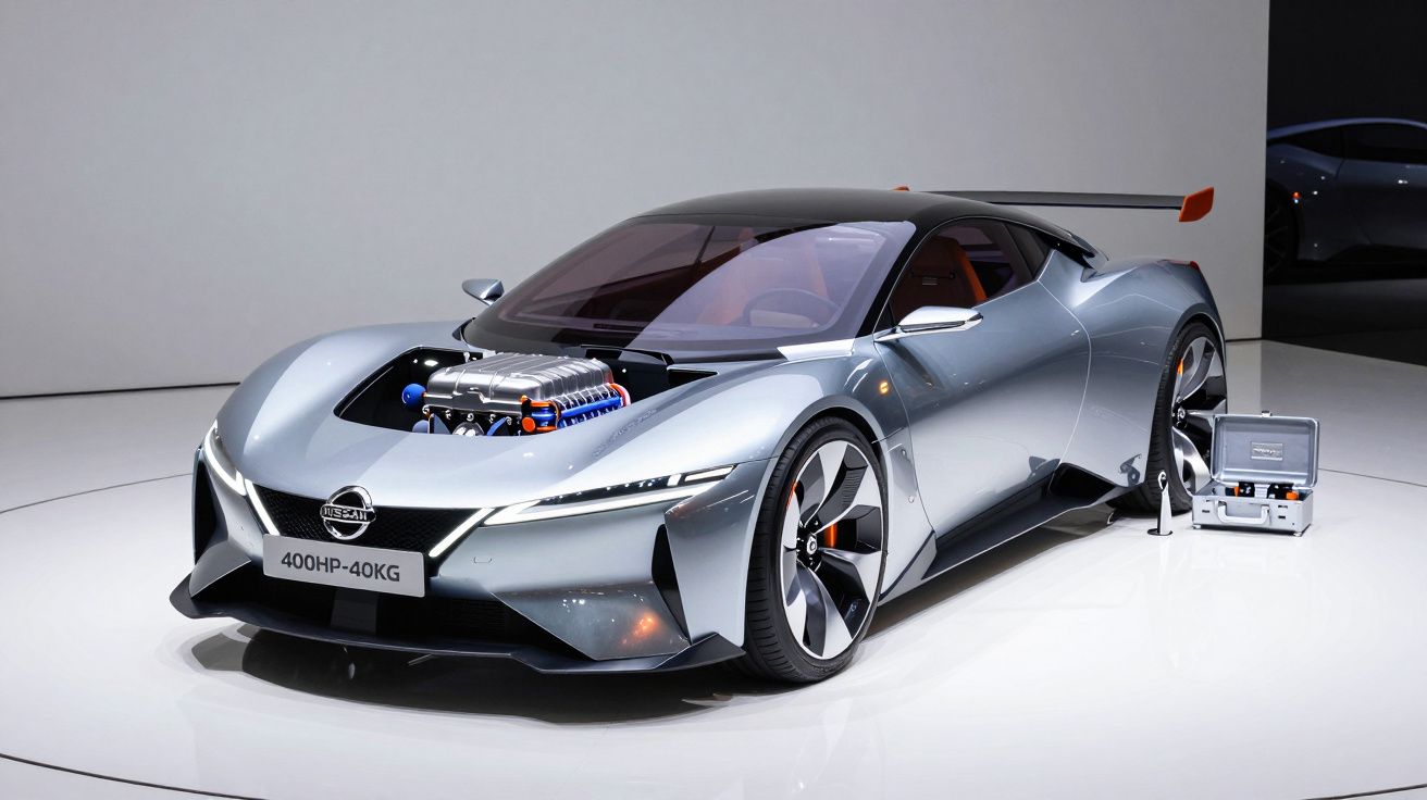 Carro esportivo elétrico prata da Nissan com motor à vista e design futurista em exposição.