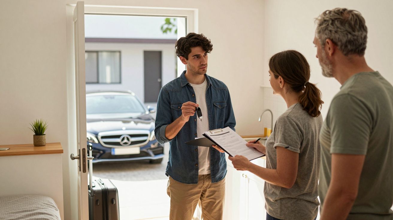 Jovem entrega chave de carro a casal ao entrar em casa durante visita de compra ou aluguel.