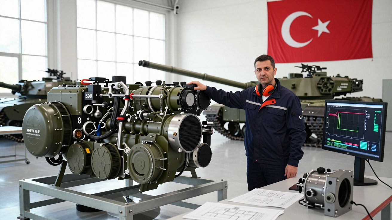 Homem em uniforme ao lado de equipamento militar em laboratório com bandeira da Turquia ao fundo.