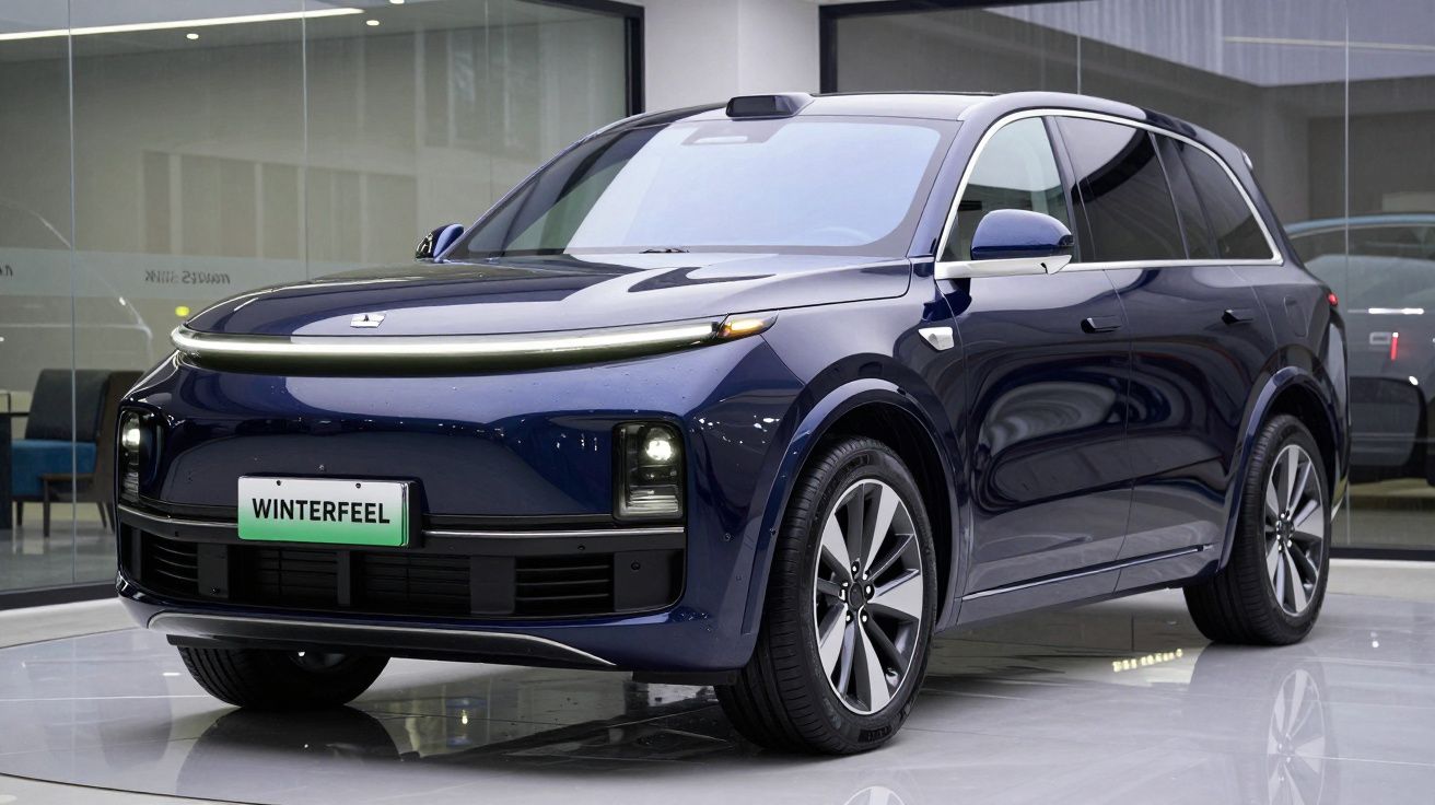 SUV elétrico azul Winterfeel exibido em showroom moderno, com faróis LED e design futurista.