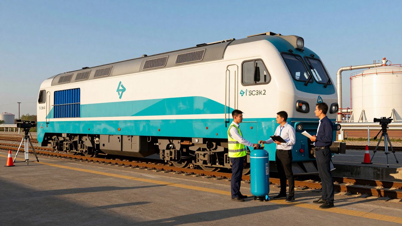 Três homens em área industrial conversam ao lado de um trem branco e azul sobre trilhos em dia ensolarado.
