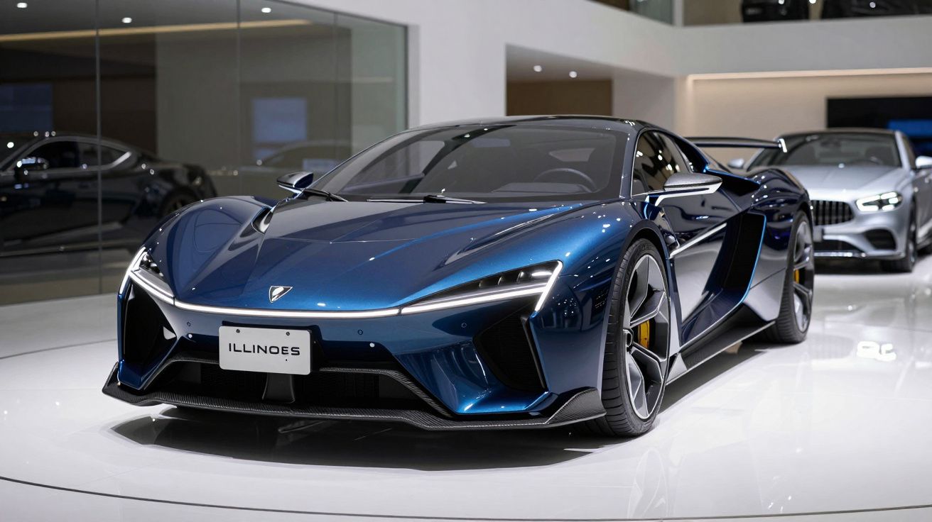 Carro esportivo azul metálico Illinoges exibido em ambiente interno moderno com teto branco e piso brilhante.