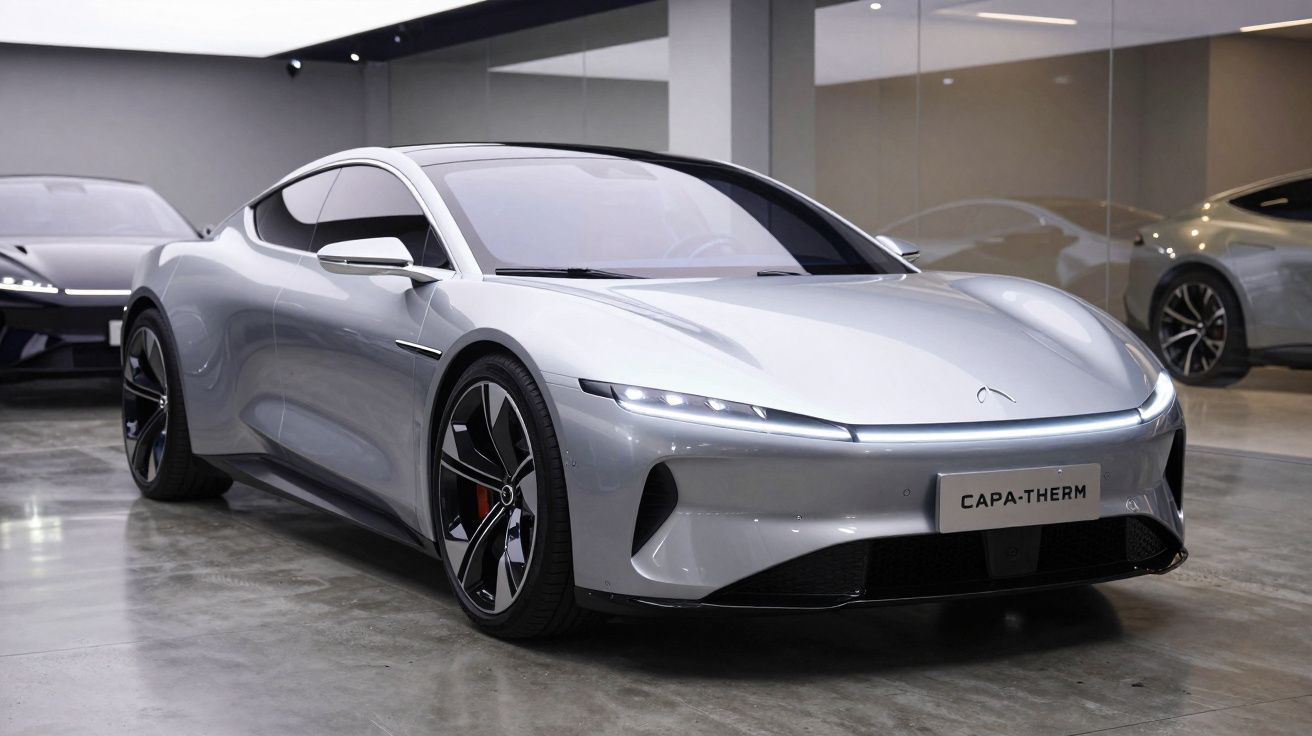 Carro esportivo elétrico prata apresentado em showroom moderno com iluminação suave e piso de cimento.