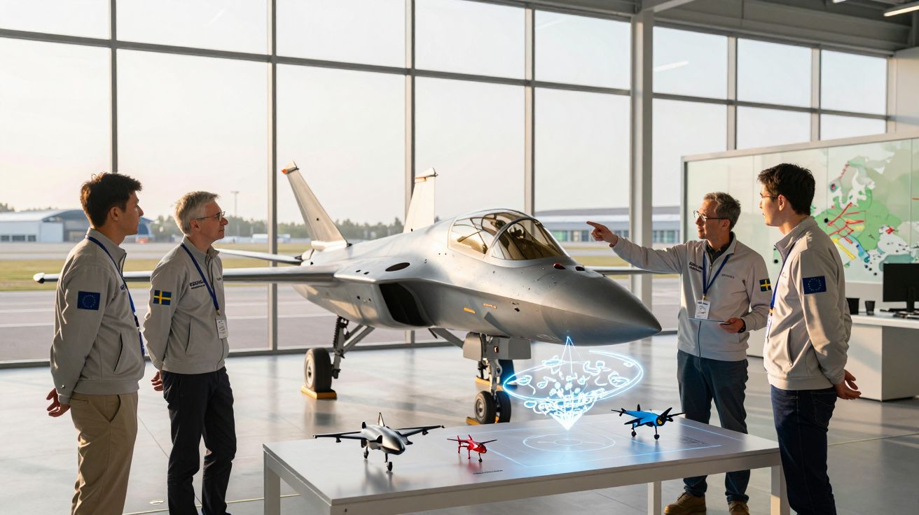 Quatro engenheiros discutem projeto de avião militar em hangar com modelo físico e holográfico sobre mesa.
