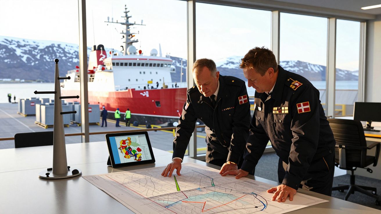 Dois oficiais em uniforme analisam mapa marítimo em mesa com navio vermelho ao fundo.
