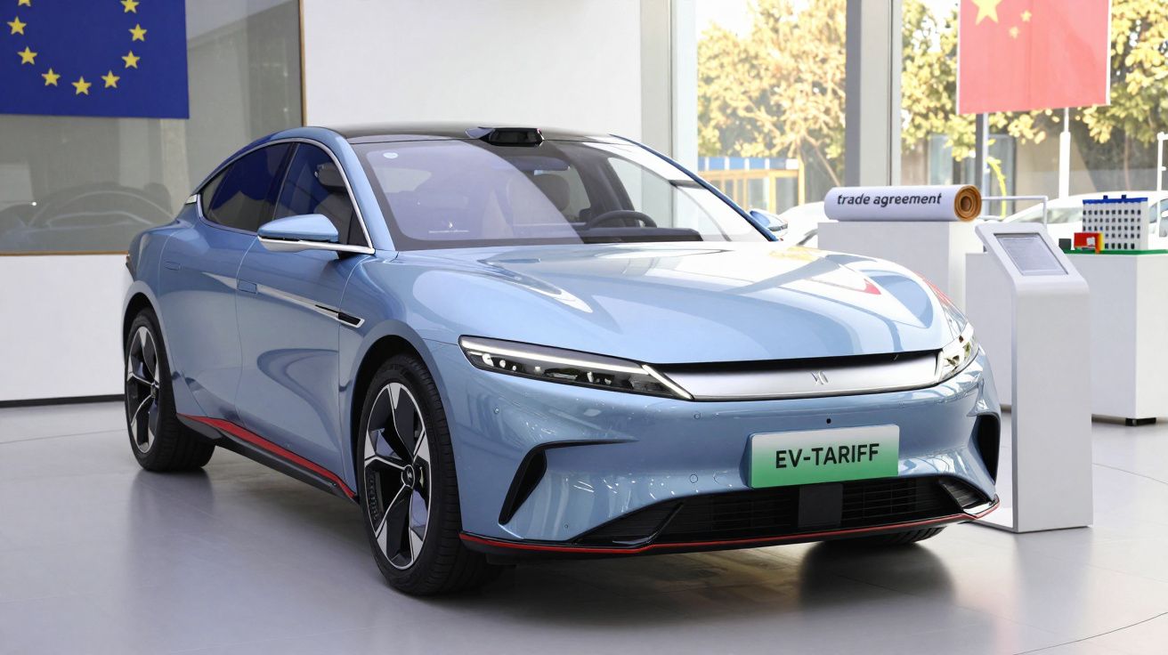 Carro elétrico azul em exposição com placa "EV-TARIFF" e bandeiras da União Europeia e China ao fundo.