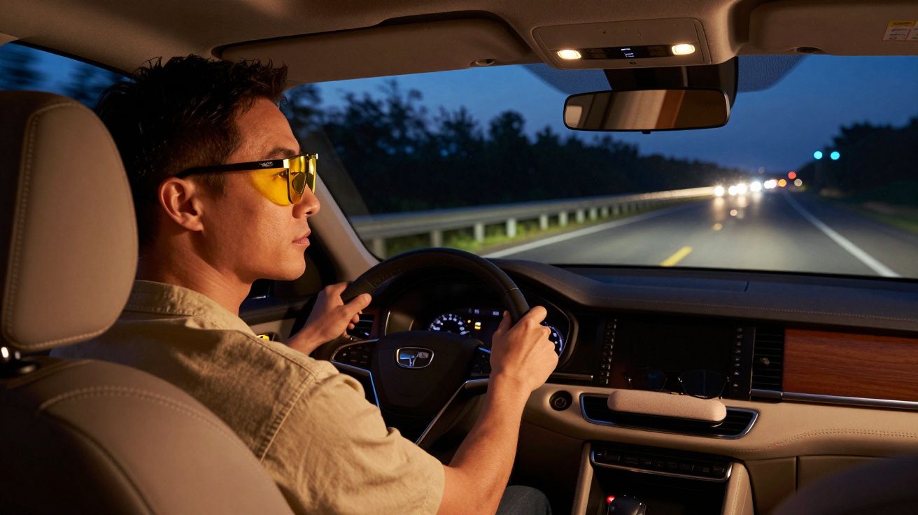 Homem de óculos amarelos dirigindo à noite em estrada iluminada dentro de carro moderno.