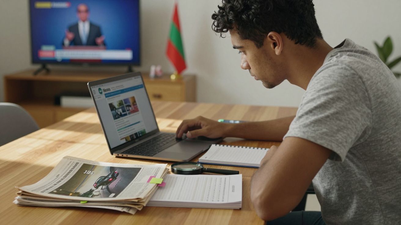 Homem estudando com laptop, cadernos e jornais em mesa, com televisão ligada ao fundo.