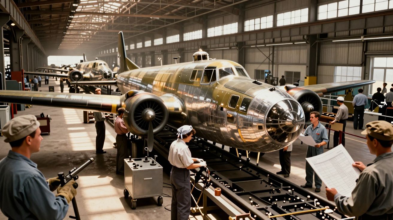 Aviões metálicos em linha de montagem com trabalhadores uniformizados em hangar iluminado.