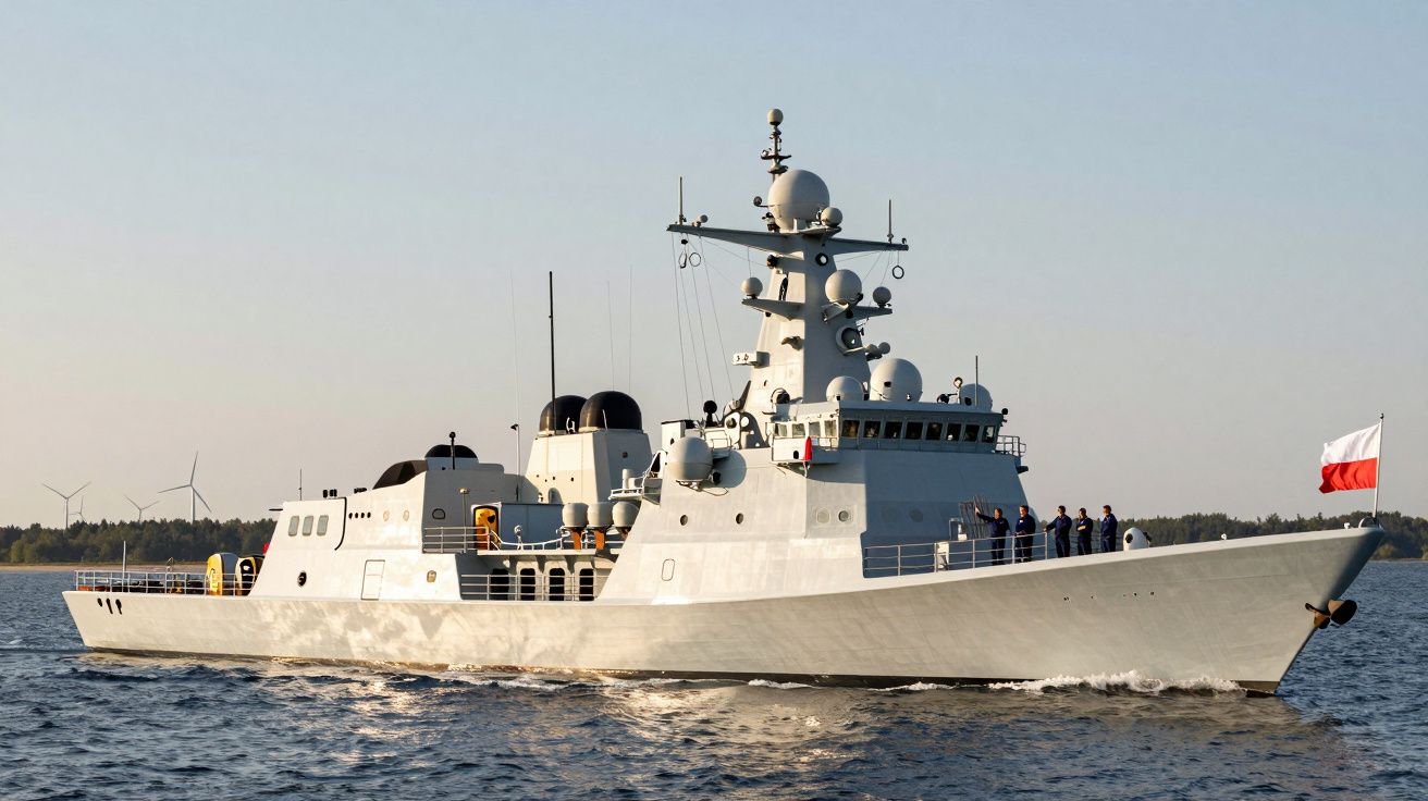 Navio de guerra cinza navegando no mar com tripulação no convés e bandeira branca e vermelha na popa.