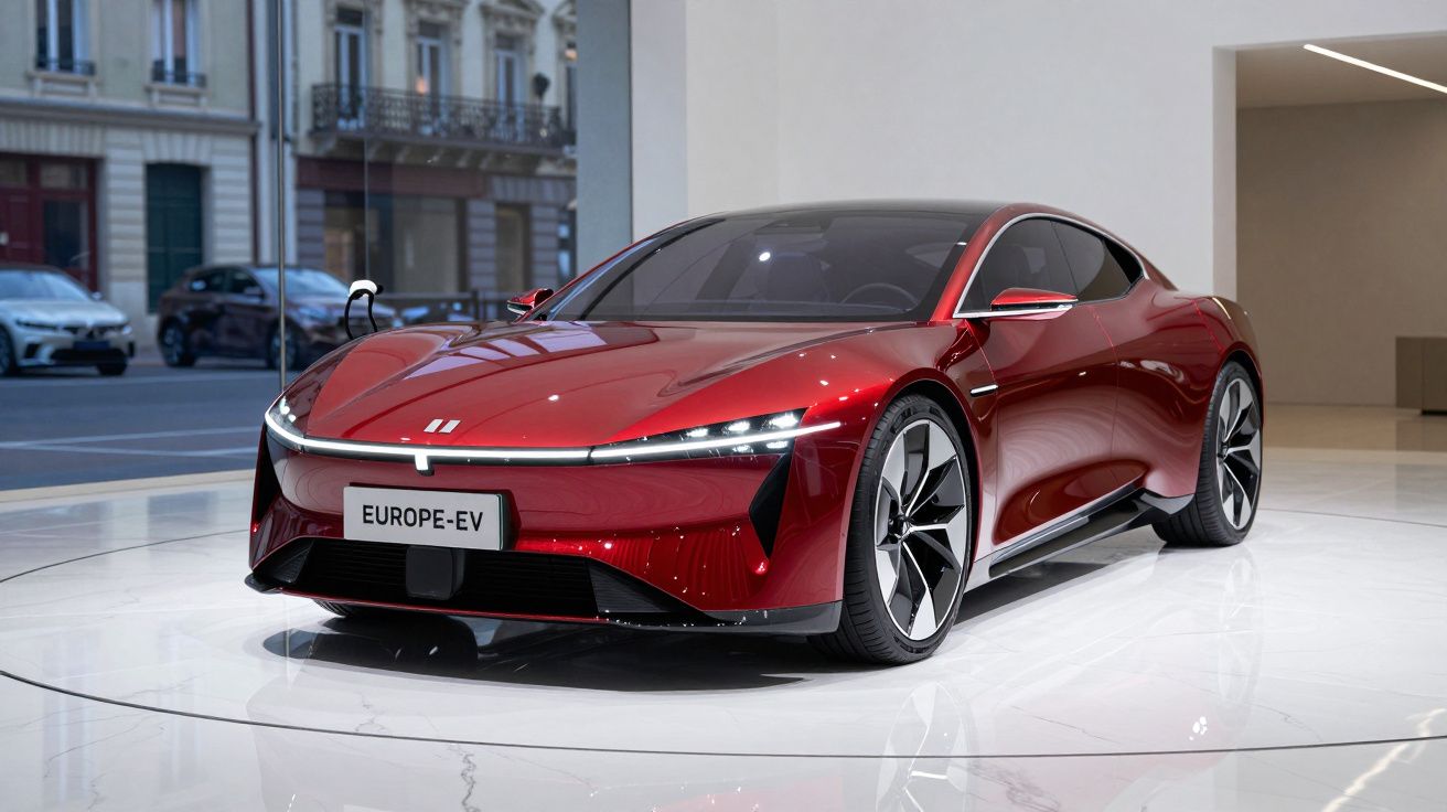 Carro elétrico esportivo vermelho brilhante exibido em ambiente interno branco, placa com texto Europe-EV.