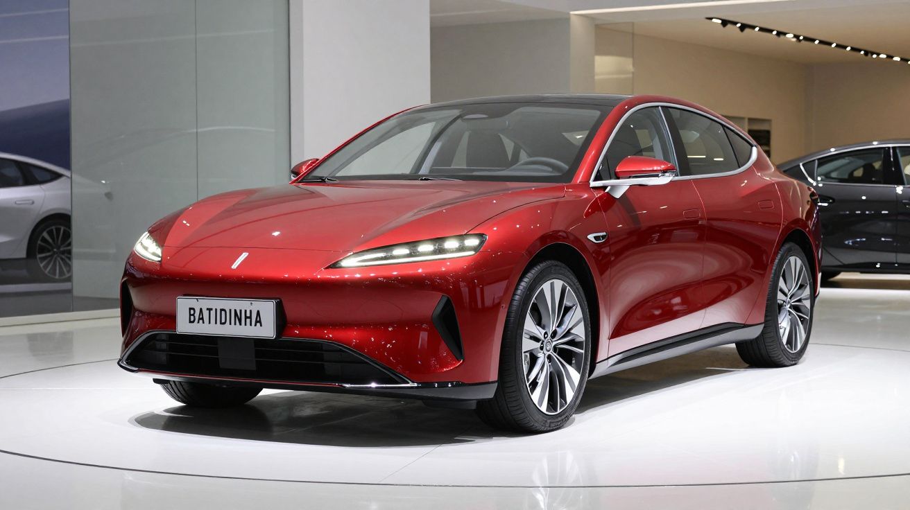 Carro elétrico vermelho modelo Batidinha exposto em estande moderno e iluminado.