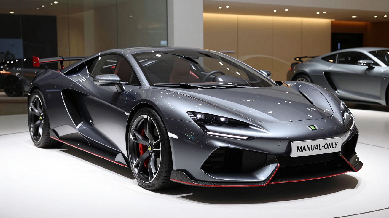 Carro esportivo cinza metálico com design aerodinâmico exposto em showroom moderno.