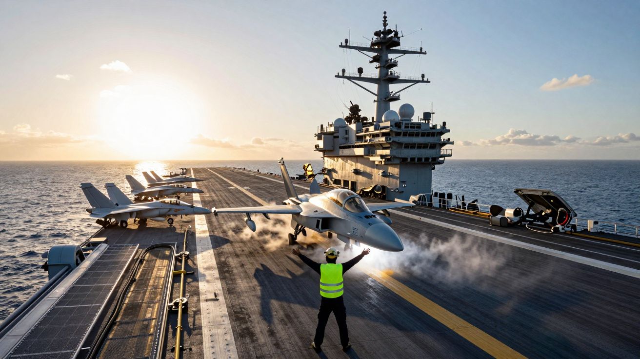 Porta-aviões no mar com jato militar decolando e operador em colete refletivo sinalizando na pista.