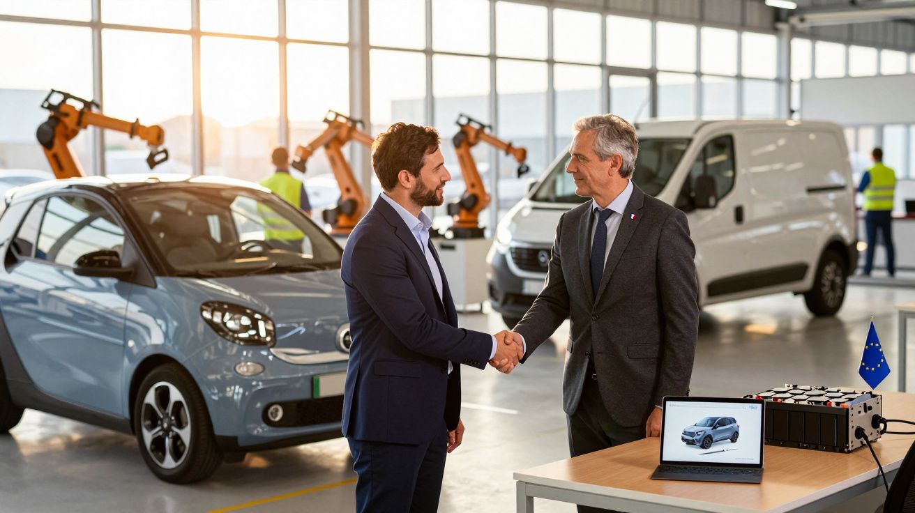 Dois homens de terno apertando as mãos em fábrica de carros elétricos com robôs industriais ao fundo.