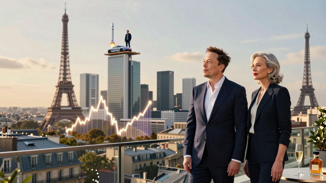 Elon Musk e mulher em sacada com prédios e Torre Eiffel ao fundo e gráfico de linhas iluminado.