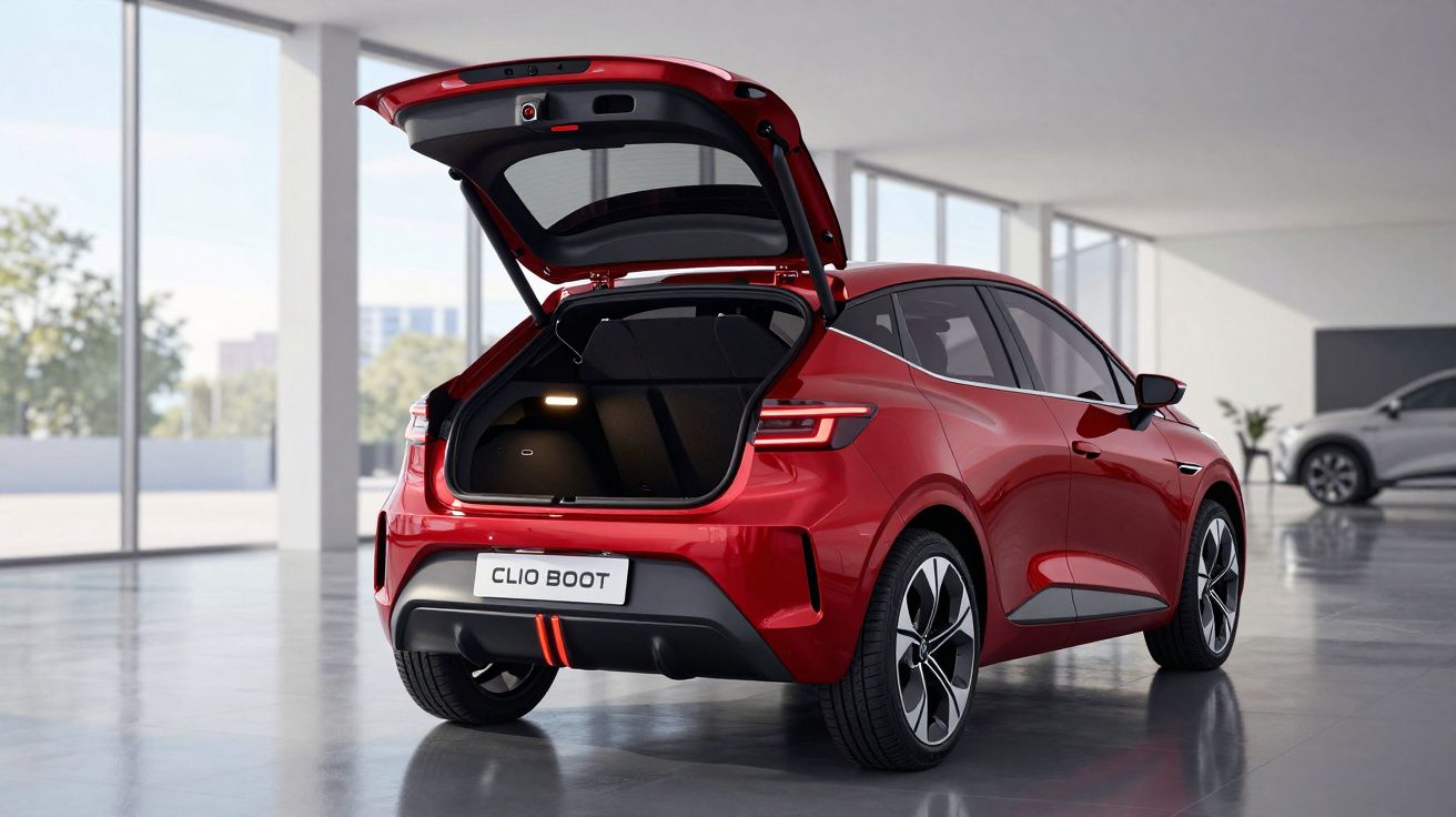 Carro hatch vermelho com porta-malas aberto em ambiente interno moderno e iluminado.