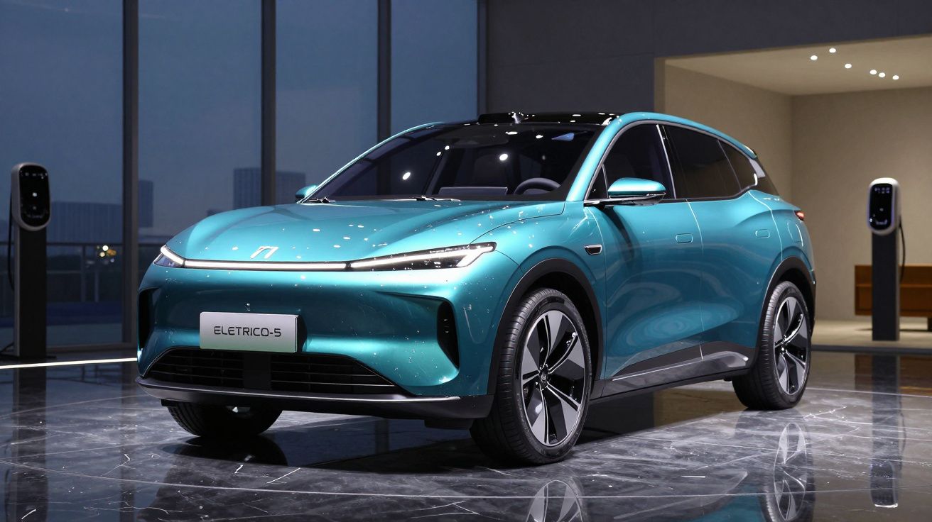 Carro elétrico azul modelo Elétrico-5 em exposição interna com cabines de recarga ao fundo.