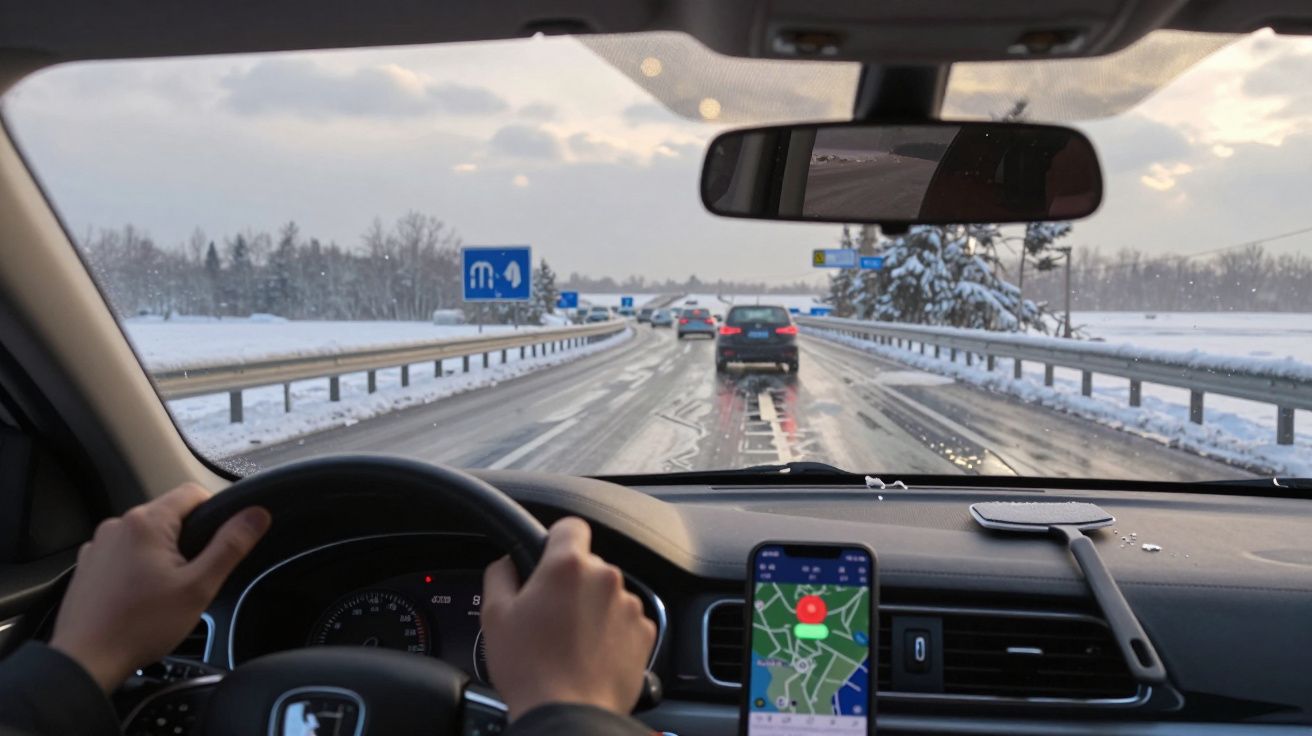 Mãos ao volante de carro dirigindo por estrada molhada com neve, GPS no painel e céu nublado.