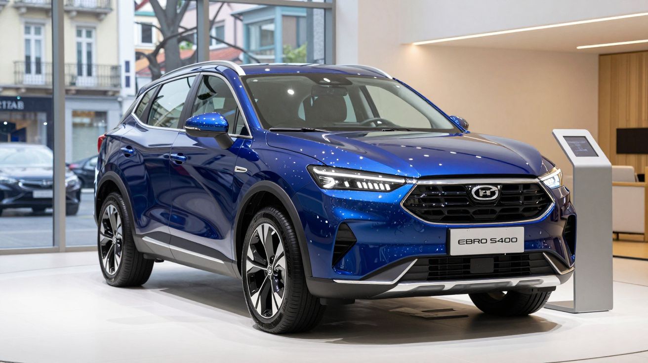 Carro SUV elétrico azul Ebro S400 exibido em showroom moderno com janelas grandes ao fundo.