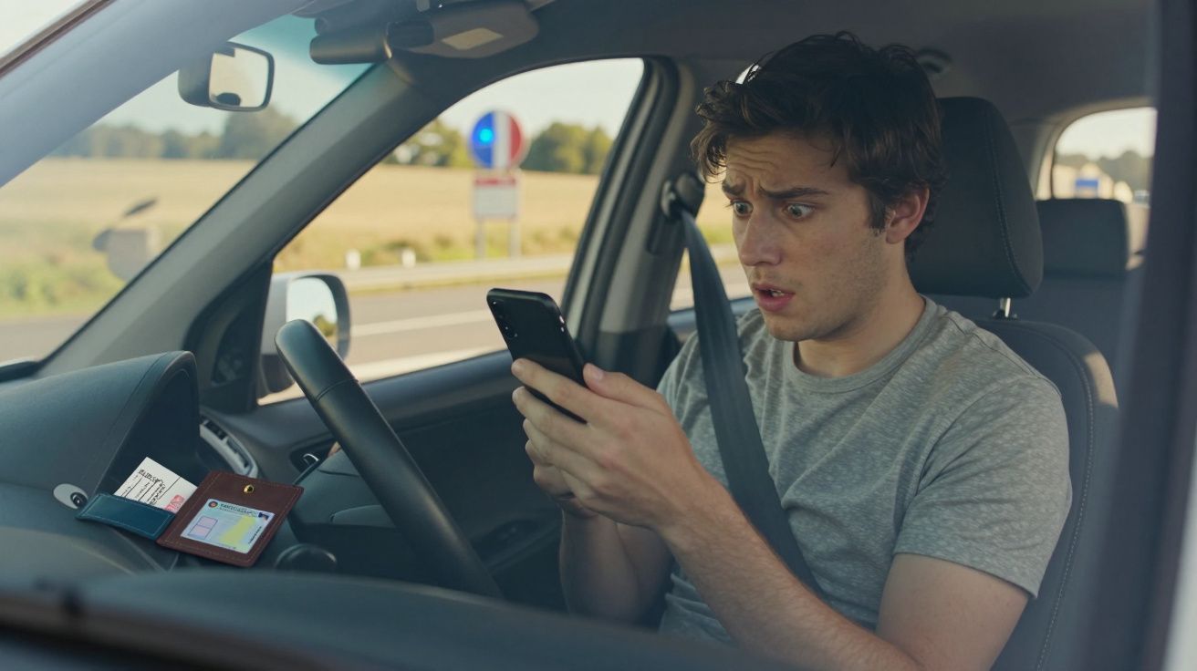 Homem dentro do carro olhando preocupado para o celular enquanto está estacionado na estrada.
