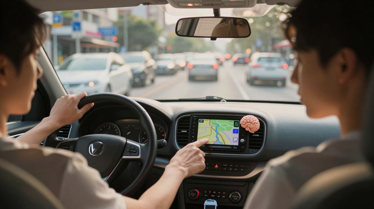 Pessoa dirigindo carro e indicando rota no GPS com ícone de cérebro na tela do painel.