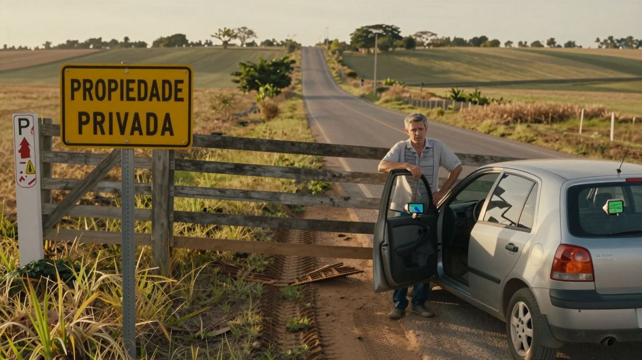 Homem parado ao lado de carro aberto em estrada rural perto de placa amarela escrito Propriedade Privada.