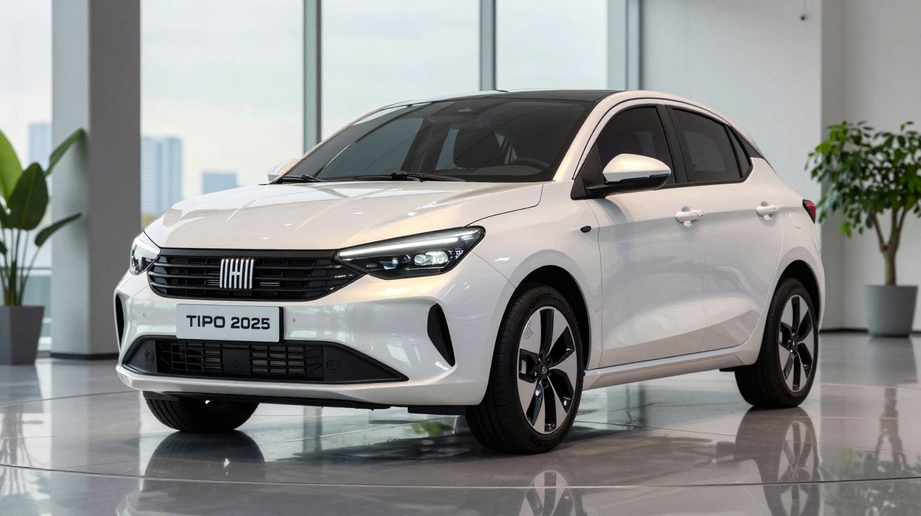 Carro branco Fiat Tipo 2025 em showroom com plantas ao fundo e piso refletivo.