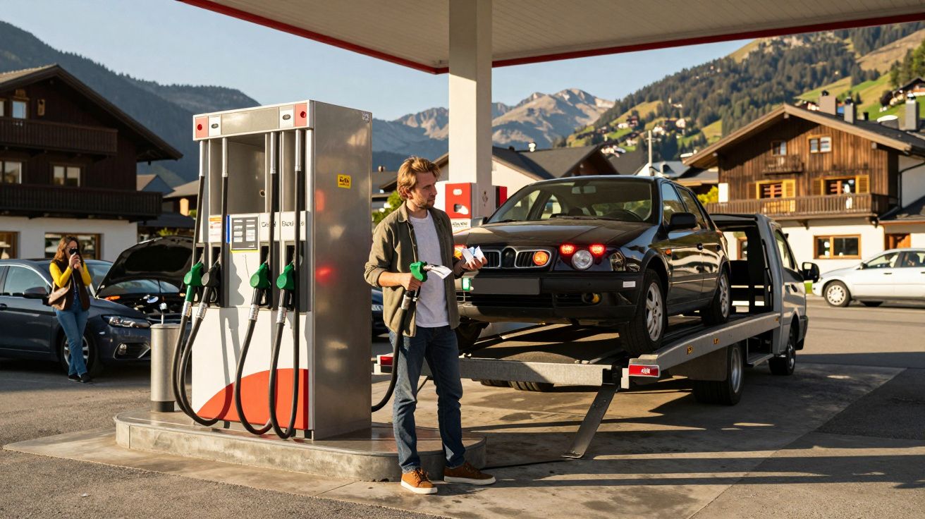 Homem abastece carro esportivo preto em caminhonete plataforma em posto com casas e montanhas ao fundo.