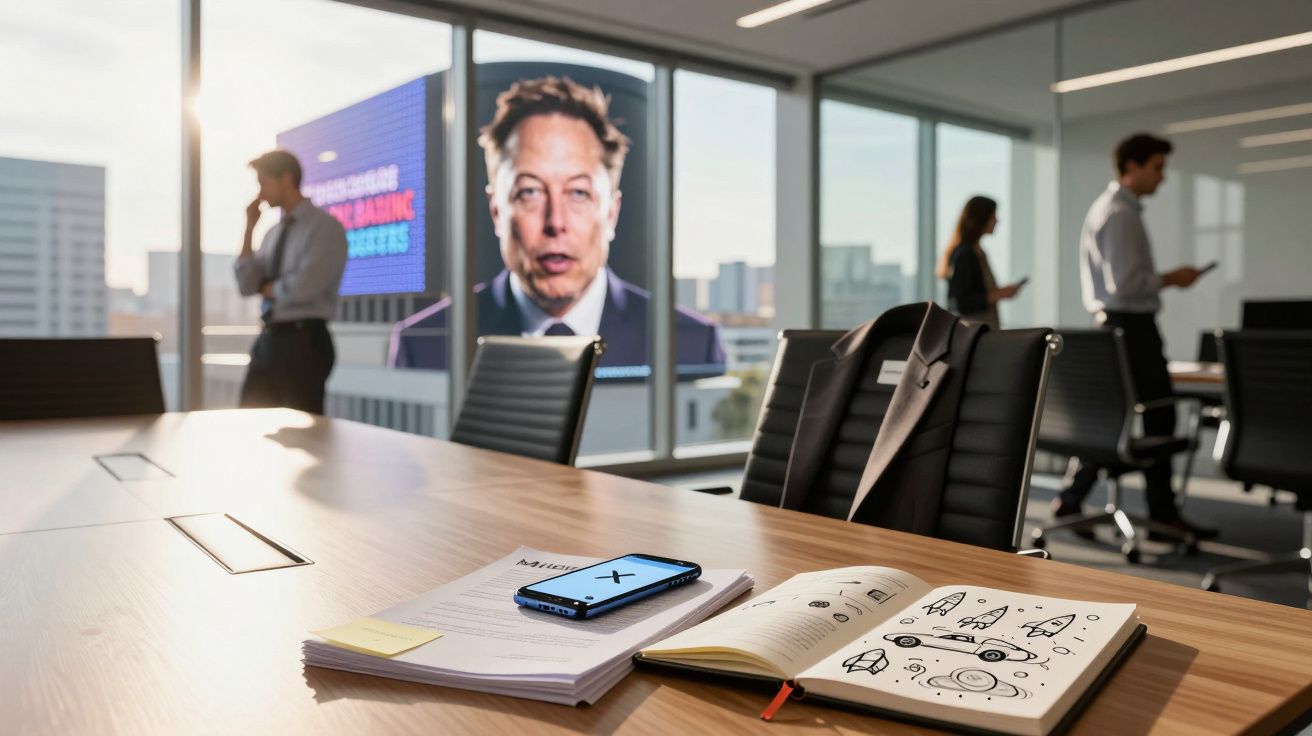 Mesa de reunião com documentos, celular e caderno aberto; pessoas ao fundo em escritório moderno.