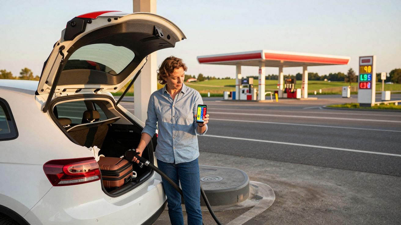 Mulher abastecendo carro branco em posto de gasolina ao ar livre com mala no porta-malas.