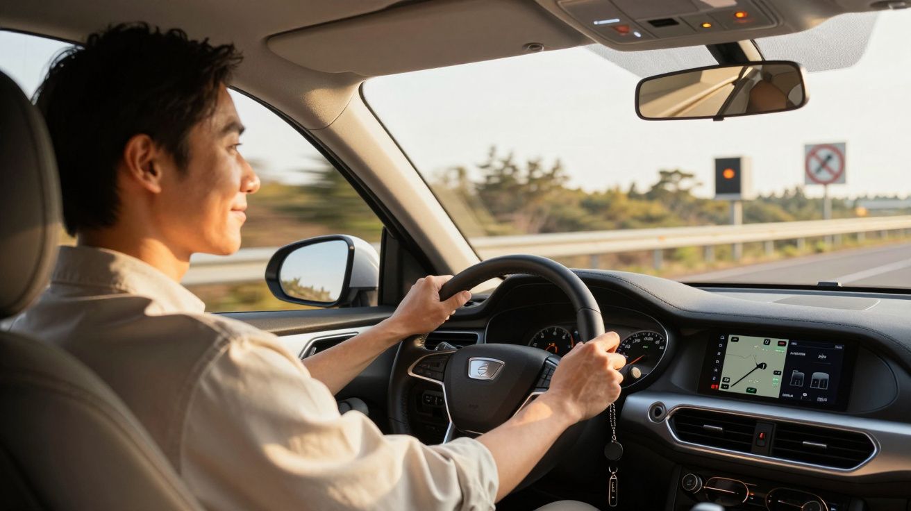 Homem dirigindo carro moderno com painel digital e GPS na tela em estrada durante o dia.