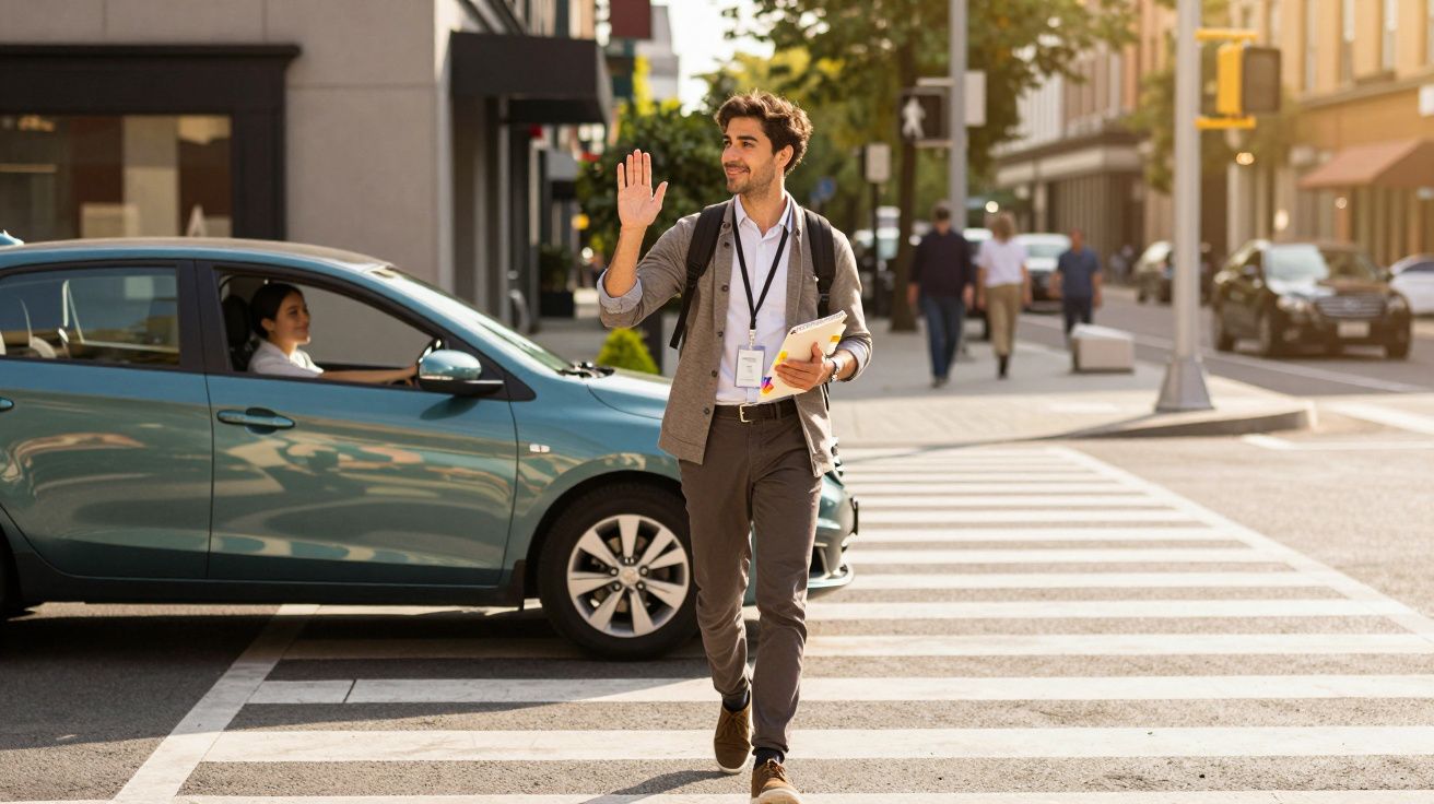 Homem atravessa faixa de pedestre acenando para carro parado em rua movimentada da cidade.