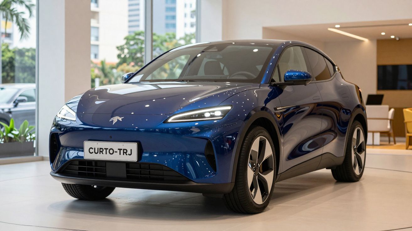 Carro elétrico azul escuro exibido em showroom moderno com iluminação natural e cadeiras ao fundo.