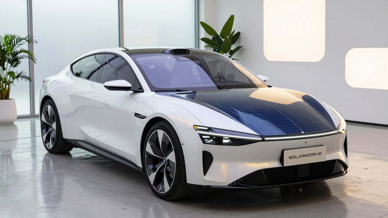 Carro elétrico branco com teto solar fotovoltaico e rodas esportivas em ambiente interno moderno.