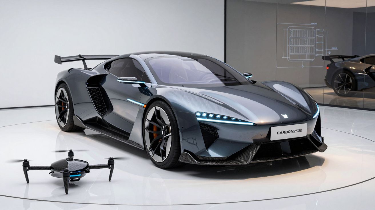 Carro esportivo cinza e drone preto exibidos em ambiente moderno com espelho ao fundo.