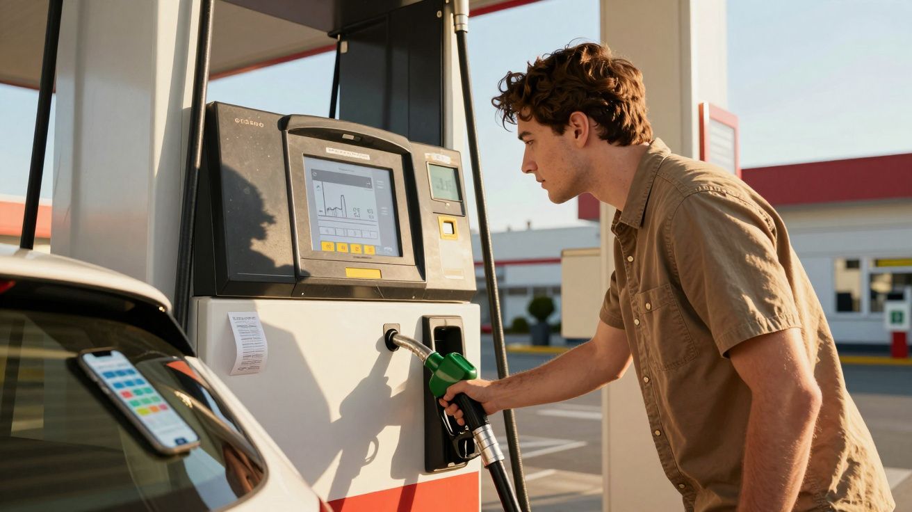 Homem abastecendo carro com bomba de combustível em posto de gasolina ao ar livre.