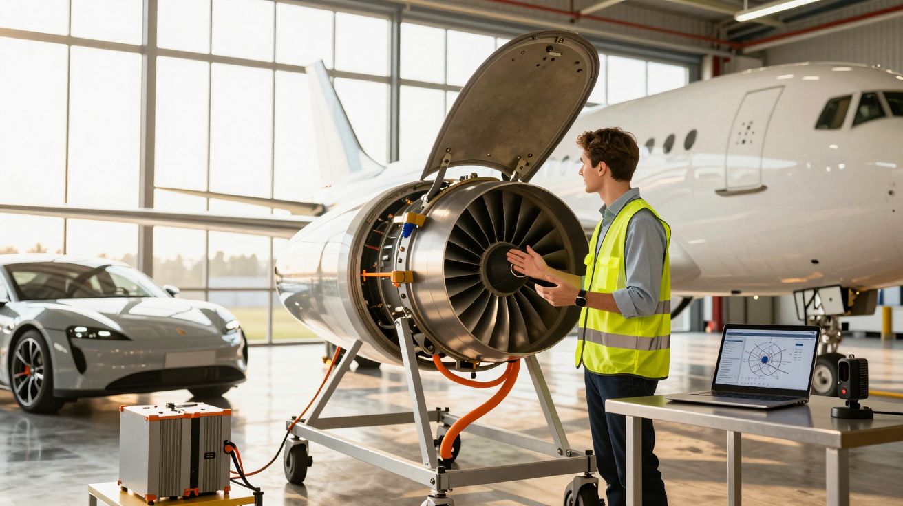 Homem com colete refletivo inspeciona motor de avião em hangar com carro e laptop ao lado.