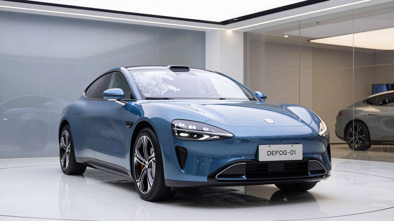 Carro esportivo elétrico azul exibido em ambiente interno moderno com iluminação branca.