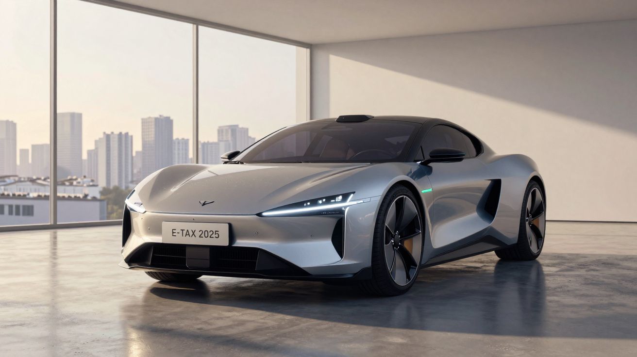 Carro esportivo elétrico cinza estacionado em ambiente interno com vista para prédios ao fundo.