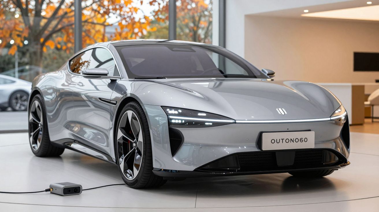 Carro elétrico esportivo cinza prata em exposição interna com carregador conectado no chão.